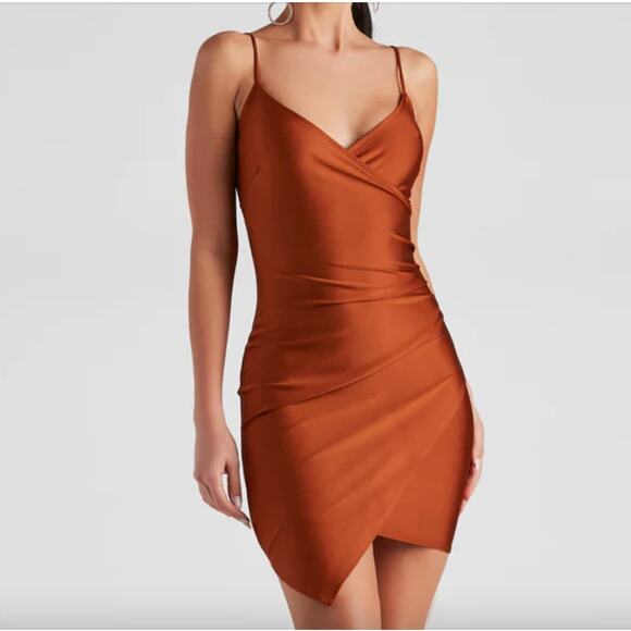 Windsor M Copper Silky Satin Faux Wrap Asymmetrical Spaghetti Strap Mini Dress - Picture 1 of 8